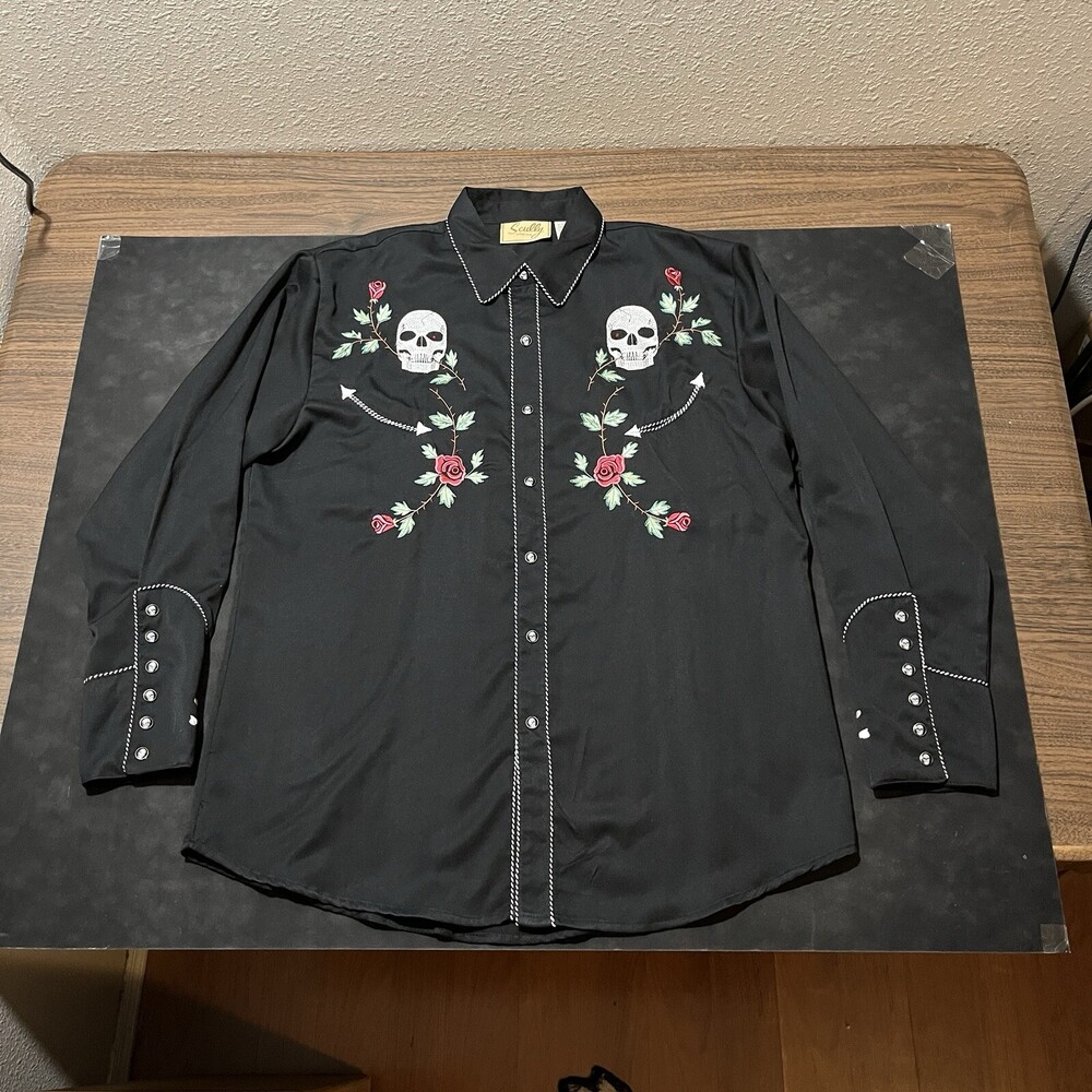 Scully Sugar Skulls Pearl Snap Western Vintage Shirt Floral Day Of The Dead 80s